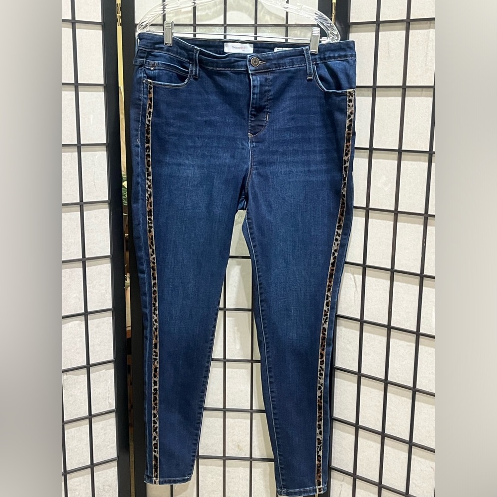 Skinnygirl Dark Blue Denim Jeans with Gold Stitching, LEOPARD PRINT TRIM SZ 14W - Picture 3 of 10